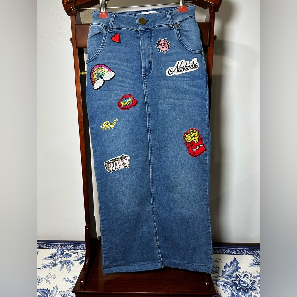 Long Denim Skirt with Colorful Patches by Stela Moda Chd’s 7